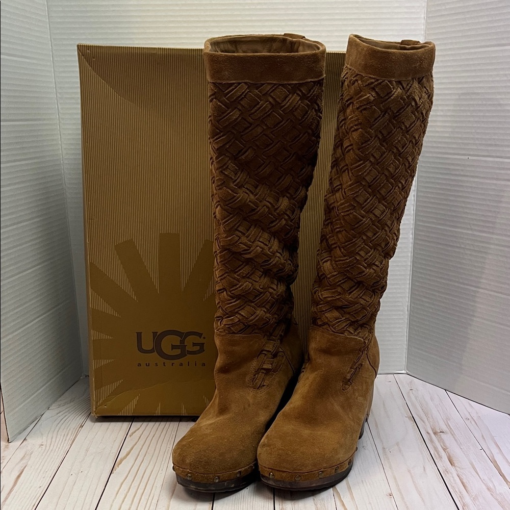 UGG Arroyo suede tall boots. Weaved. Wood heels, rubber soles. Pull up. Size 8
